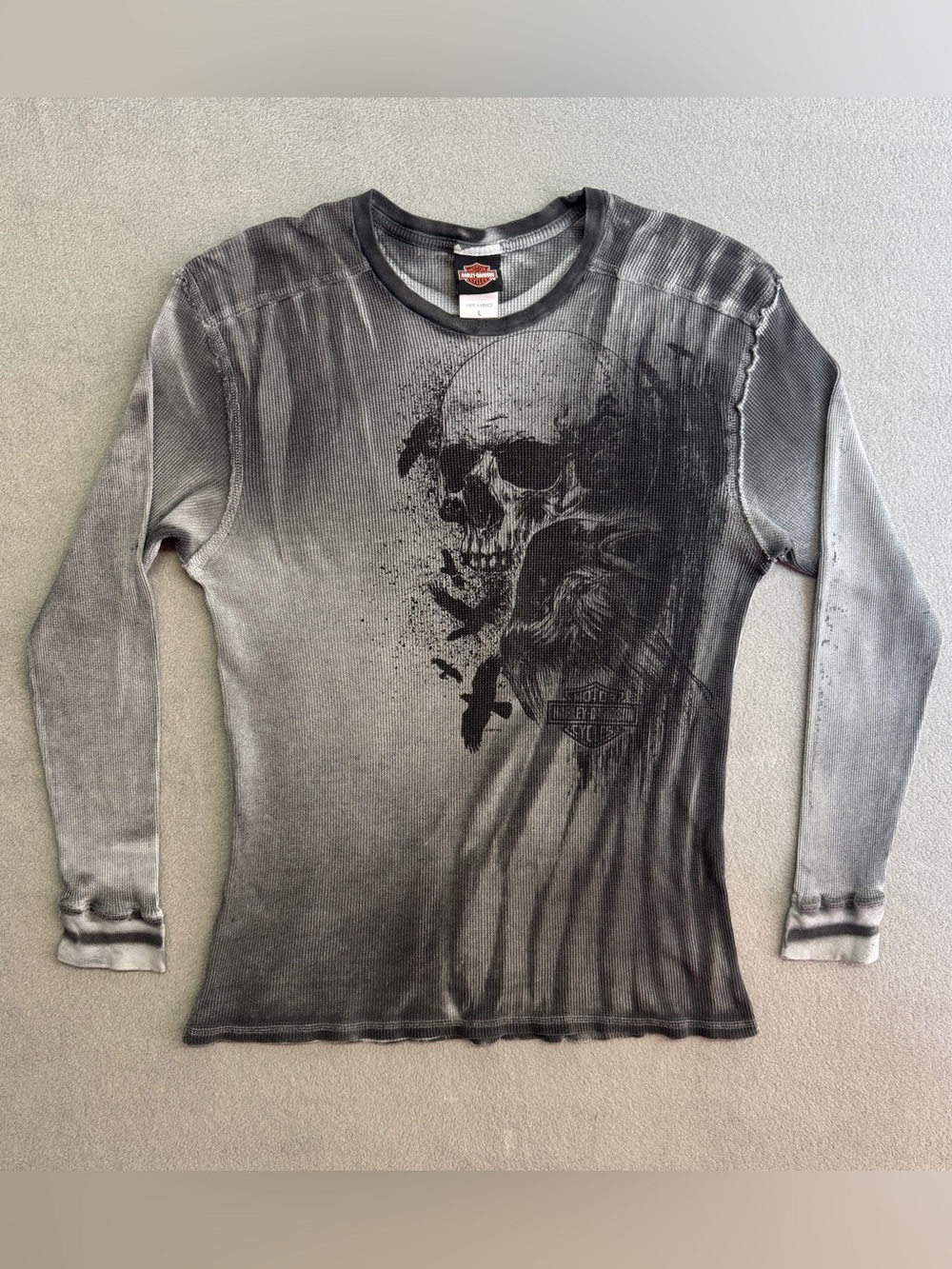 Harley Davidson Thermal Shirt Large Mens Waffle Knit Skulls Y2K Montreal Chopper